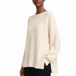 Theory Chunky Knit Sweater Women’s Large Ivory Mercer Cotton Slit Hem Relaxed